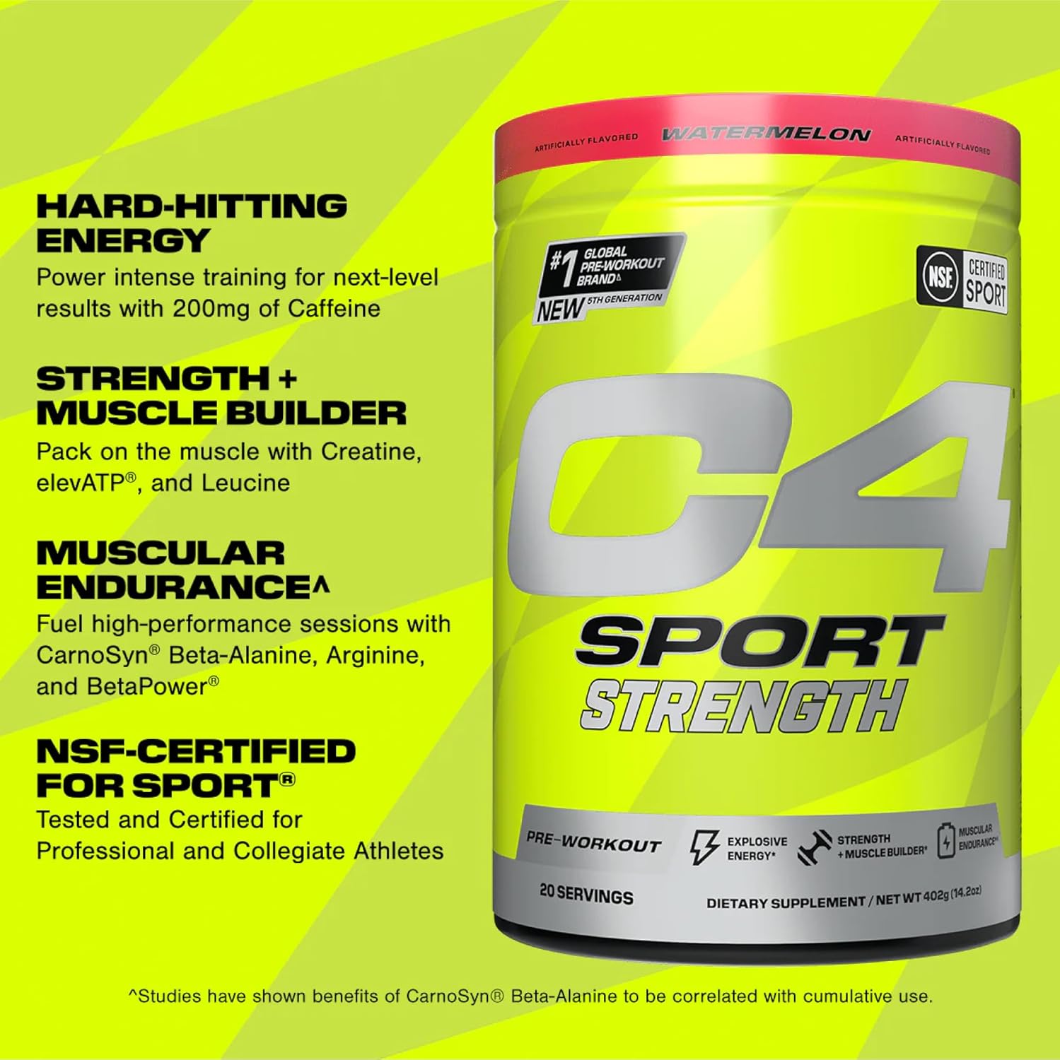 Cellucor C4 Sport Strength Pre Workout Powder - NSF Certified for Sport - Beta-Alanine, Creatine, 200mg Caffeine - Sugar Free Energy Supplement for Men & Women - Watermelon, 20 Servings