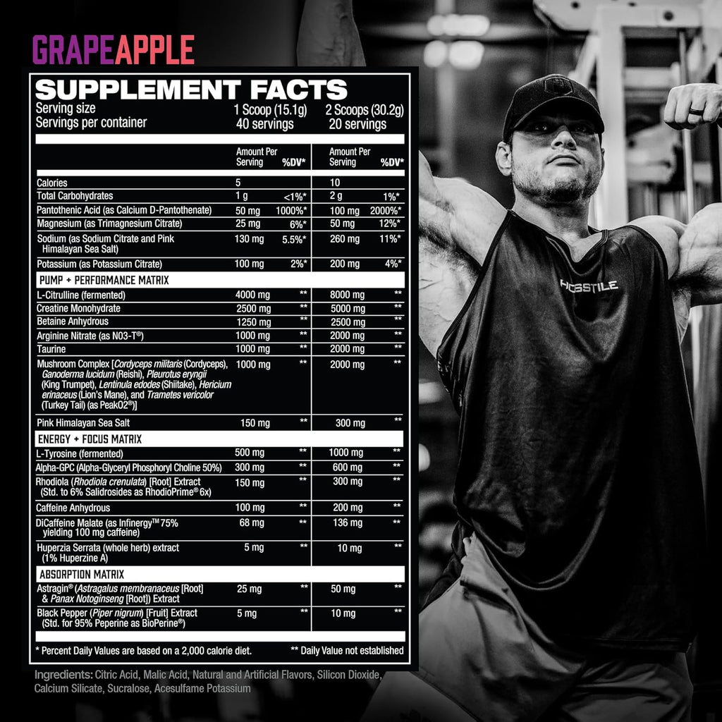 HOSSTILE Hosstility V2 Pre Workout, All-in-One Pre Workout Powder for Men and Women, Enhance Muscle Pump, Increase Energy, Boost Strength, Sharpen Focus, Grape Apple, 40 Servings