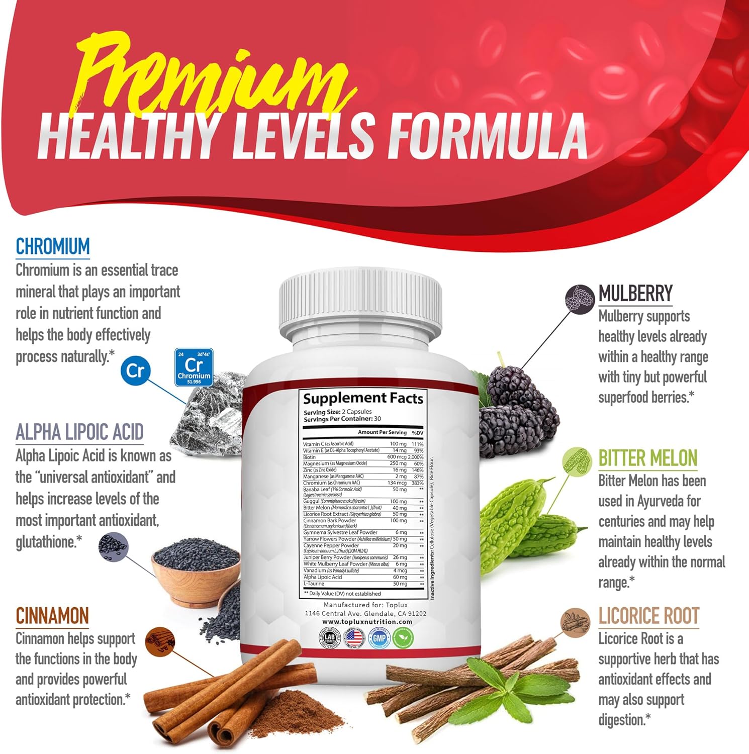 Blood Sugar Complex Supplement - Supports Healthy Blood Sugar Levels Already Within Normal Range All Natural with Cinnamon, Bitter Melon, Chromium, Mulberry, Alpha Lipoic Acid, Non-GMO, 60 Capsules