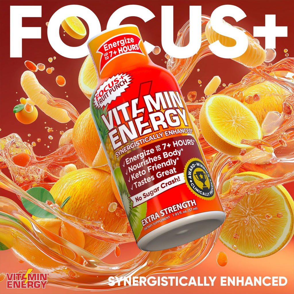 Vitamin Energy Focus+ Extra Strength Energy Shot Fruit Punch 24 Pack, 260mg Natural Caffeine, B-Vitamins, CoQ10, Amino Acids, Focus, Productivity & Clarity, Zero Sugar, Gluten-Free, 1.93 fl oz