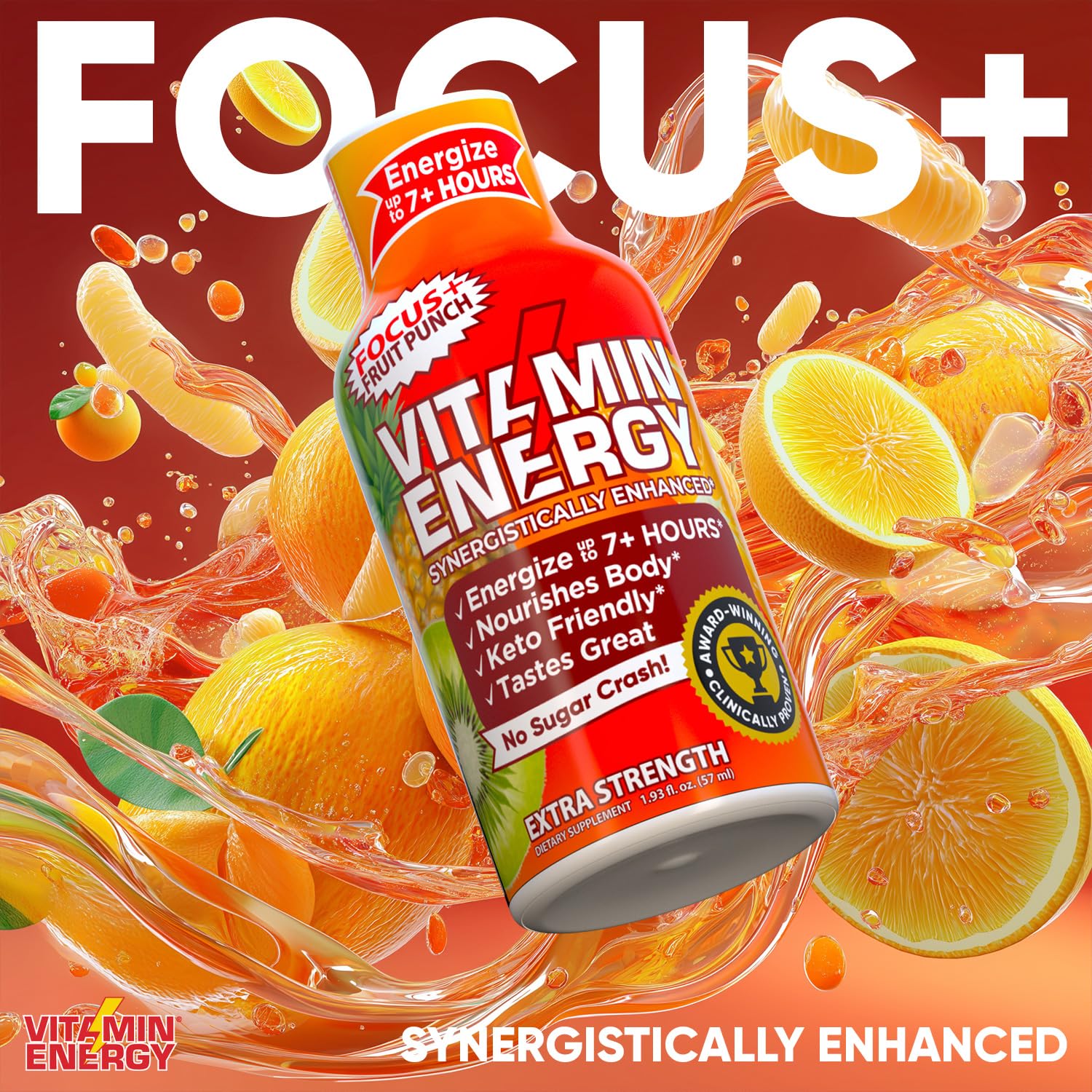 Vitamin Energy Focus+ Extra Strength Energy Shot Fruit Punch 12 Pack, 260mg Natural Caffeine, B-Vitamins, CoQ10, Amino Acids, Focus, Productivity & Clarity, Zero Sugar, Gluten-Free, 1.93 fl oz