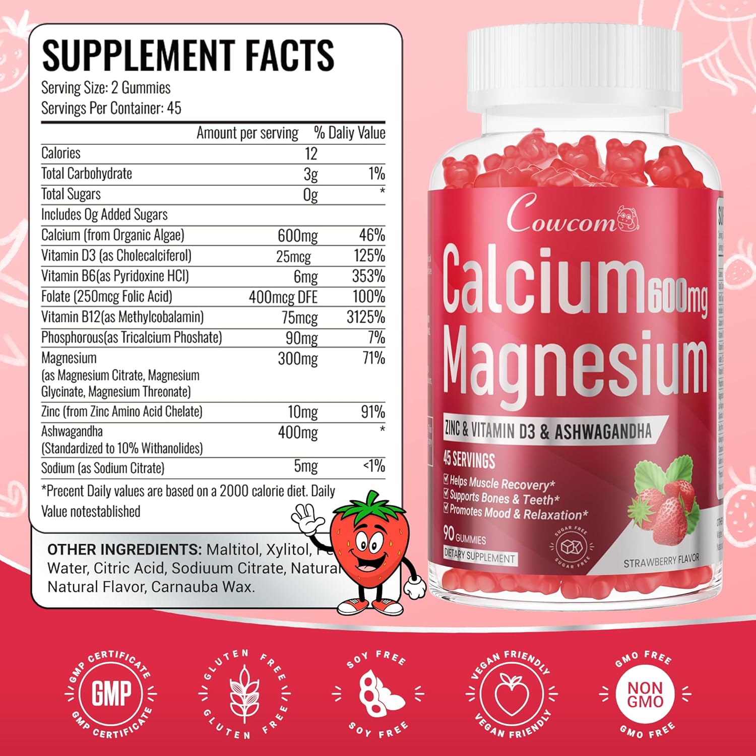 Calcium Magnesium Zinc Gummies & Vitamin D3,B6,B12,Immune & Supporting Bone Health Calcium Magnesium Supplement for Women Men,Sugar-Free Vegan Strawberry Flavor 90 Counts