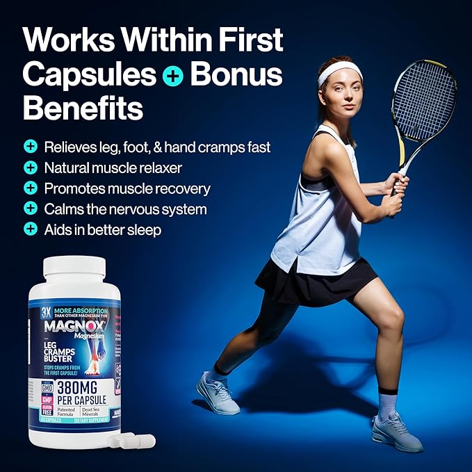 MAGNOX® Buster | Patented Clinically Tested 380mg Magnesium Supplement for Spasms & Leg Cramps at Night | One Capsule a Day for Almost Full Dosage | 3X More Absorption | Dead Sea Minerals (120 Caps)