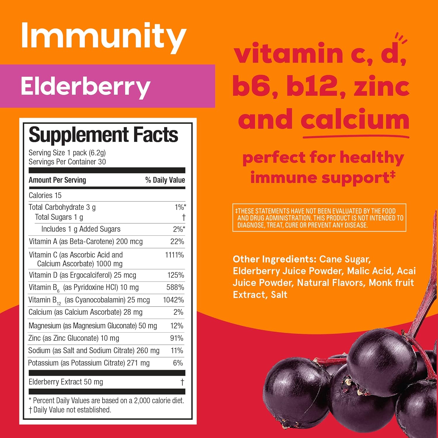 Hydrant - Immunity Electrolyte Powder, Elderberry Flavor, 30 Instant Rehydration Stick Packs - Electroyte Blend with Vitamin C, Vitamin D, and Zinc for Immune Support