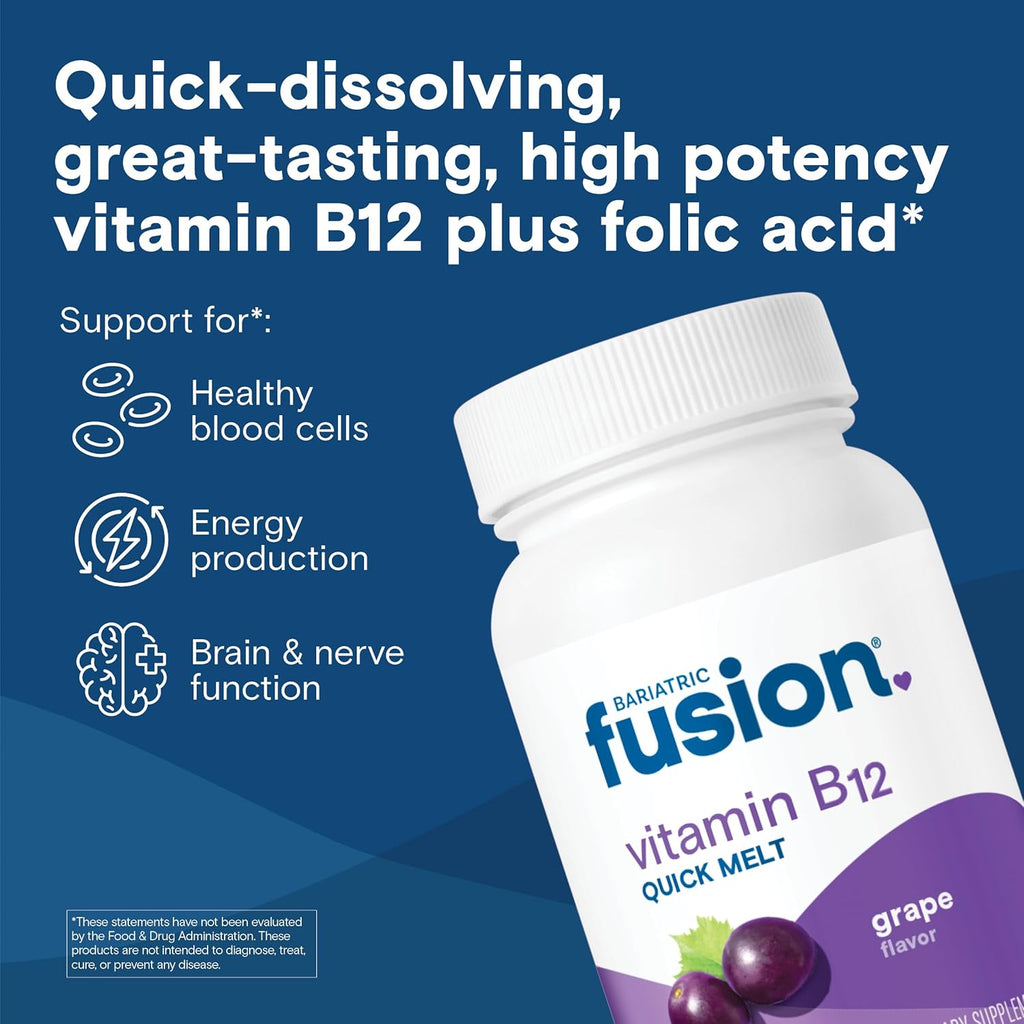 Bariatric Fusion Vitamin B12 Sublingual 1000 mcg Melts | Grape Flavored | Vitamin B12 Dissolve Under Tongue Tablets with Folic Acid | Sugar Free | Methylcobalamin | 90 Count