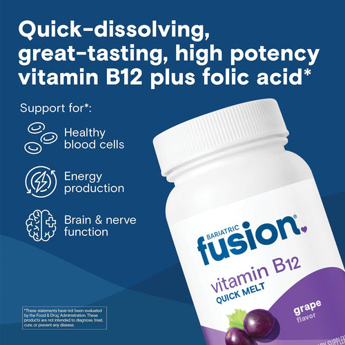 Bariatric Fusion Vitamin B12 Sublingual 1000 mcg Melts | Grape Flavored | Vitamin B12 Dissolve Under Tongue Tablets with Folic Acid | Sugar Free | Methylcobalamin | 90 Count