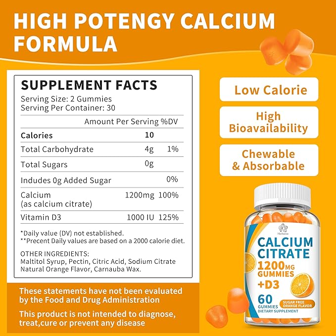 (3 Pack) Calcium Citrate 1200 mg Gummies with Vitamin D3, High Absorption Calcium Supplements for Women & Men, Sugar Free, Non-GMO, Gluten Free, Supports Muscle & Immune - Orange Flavor