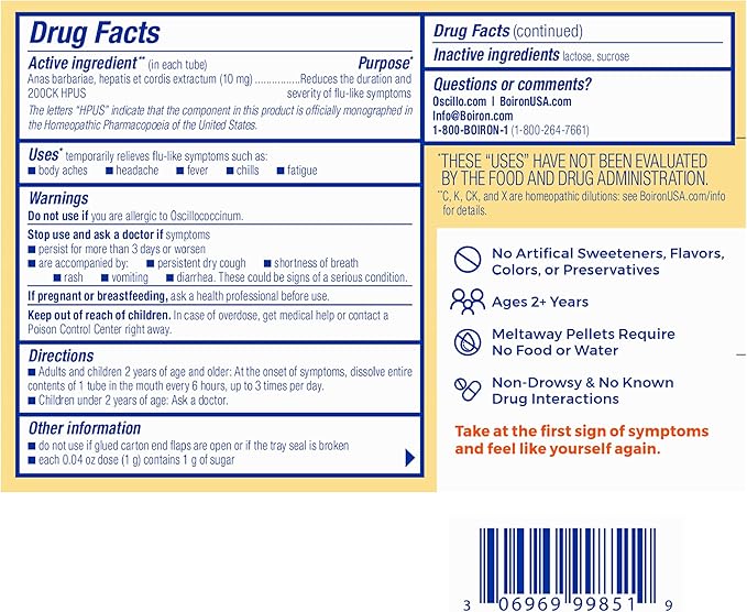 Boiron Oscillococcinum for Relief from Flu-Like Symptoms of Body Aches, Headache, Fever, Chills, and Fatigue - 6 Doses