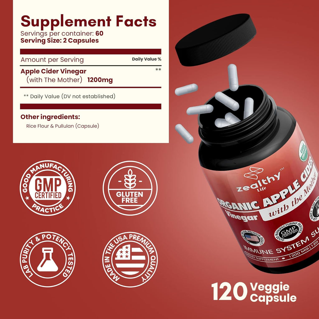 Organic Apple Cider Vinegar with The Mother – 1200mg Capsules for Optimal Wellness, Gluten-Free, Non-GMO, 120 Veggie Capsules – Zealthy Life