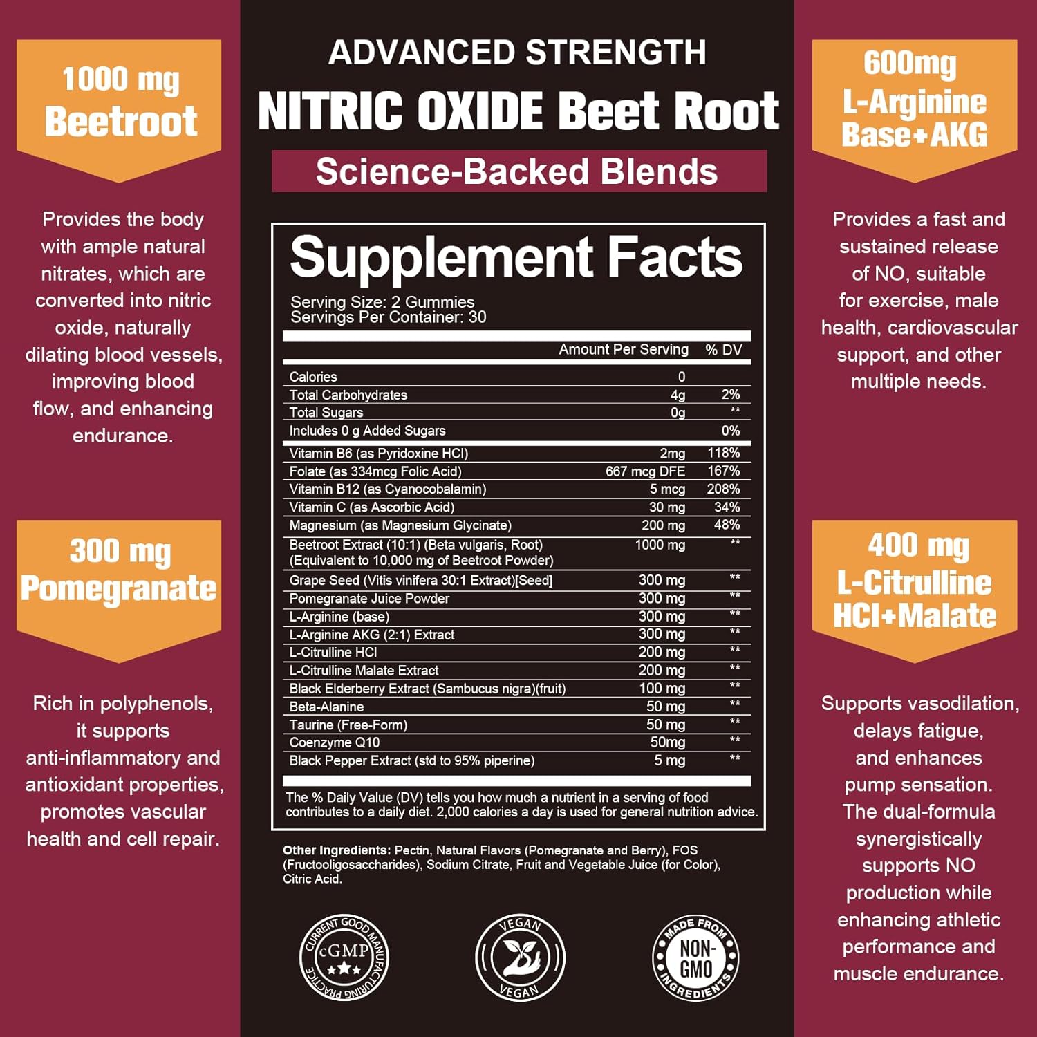 Nitric Oixde Booster Beet Root Gummies with L-Arginine, L-Citrulline for Man & Woman Pre Workout - Comprehensive Nitric Oxide Supplements for Men & Woman, Vegan, NON-GMO, Sugar Free, 60 Counts
