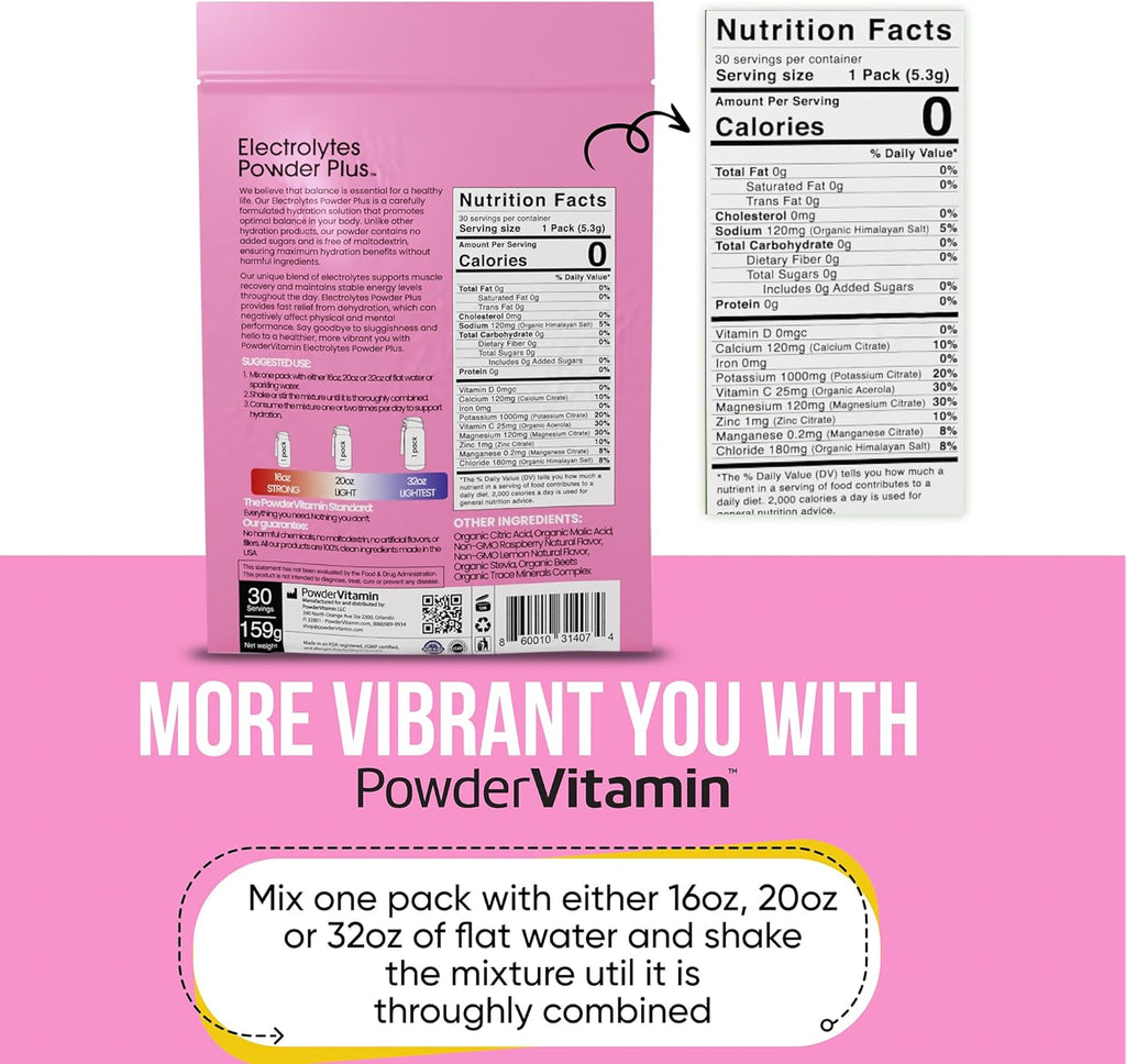 PowderVitamin Electrolytes Powder Plus, Keto, Raspberry Lemonade, Sugar Free, 1000mg Potassium, 120mg Calcium, 120mg Magnesium, Non-GMO, Zero Calories, 30 Hydration Packets