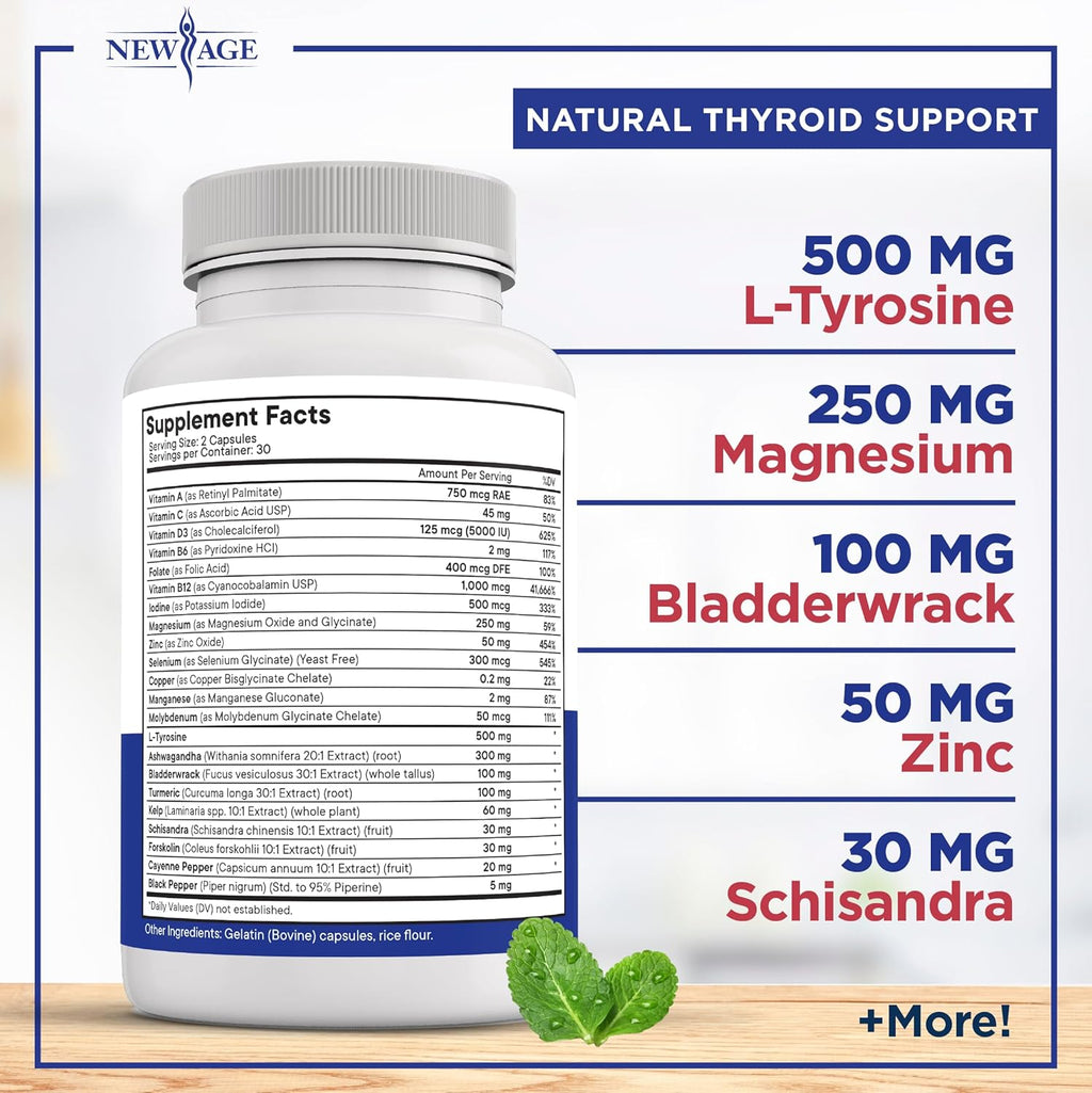 Thyroid Support Supplement for Women & Men with Iodine, B12, Zinc, Selenium, Ashwagandha, Bladderwrack, Turmeric, Schisandra - Non-GMO, Vegetarian - 120 Count