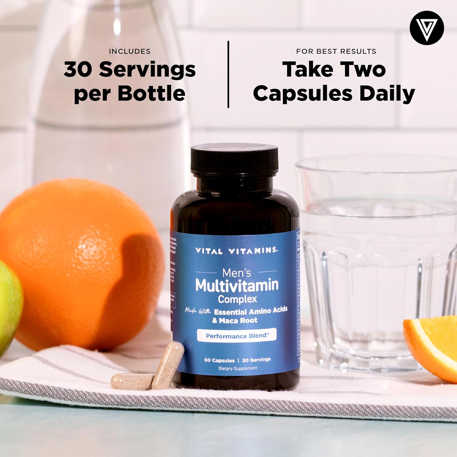 Vital Vitamins Men's Multivitamin Complex - Made with Essential Amino Acids & Maca Root - with Vitamin A, C, E, B6, B12, D3 & Male Performance Blend - Daily Mens Multivitamin - 60 Capsule