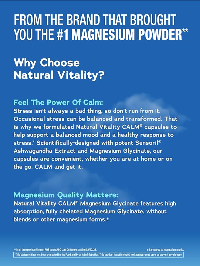 Natural Vitality Calm Ashwagandha + Magnesium Glycinate Capsules | Support for Occasional Stress & Anxiety | Gluten Free Supplement | 90 Count
