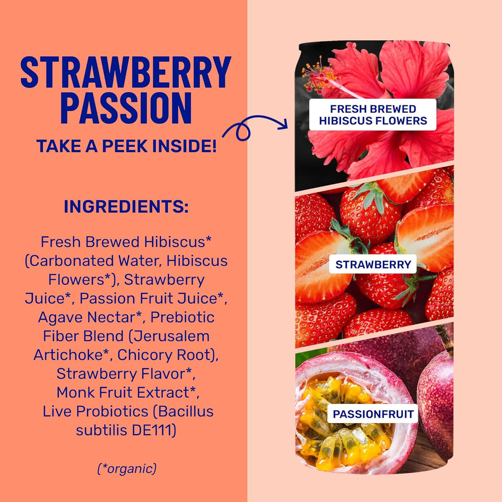 wildwonder Sparkling Probiotic Drink 12pk, For Gut Health & Immune Support, Strawberry Passion, 5g Prebiotic Fiber, Live Probiotics, Organic, Vegan, Low Sugar, 12 Pack, 12oz Can, As Seen on Shark Tank