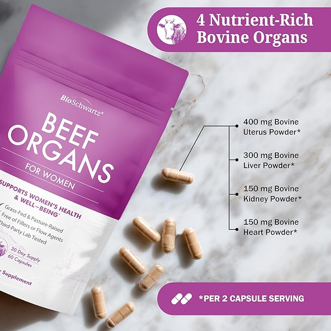 BioSchwartz Primal Beef Organ Supplement for Women - 60 Capsules - Grass-Fed & Pasture-Raised - Supports Healthy Hair Skin and Nails, Hormone Balance - with Bovine Liver, Kidney, Heart, Uterus Powder