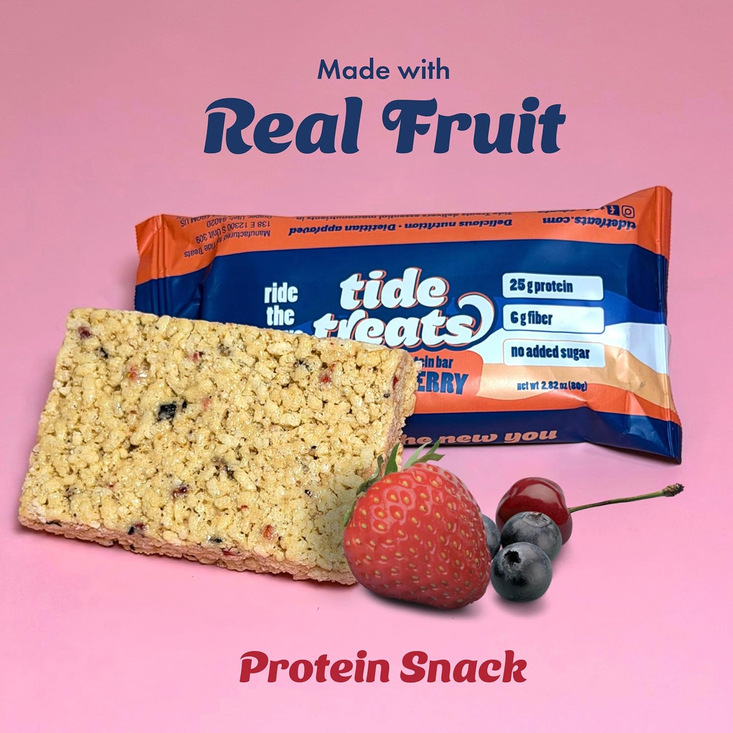 Crispy Rice Protein Treat Bar | 25 g Protein, No Added Sugar, 7 g Fiber, Gluten Free | High Protein Snack for On-the-Go, Post-Workout or Dessert Cravings | 8 Count (Island Berry)