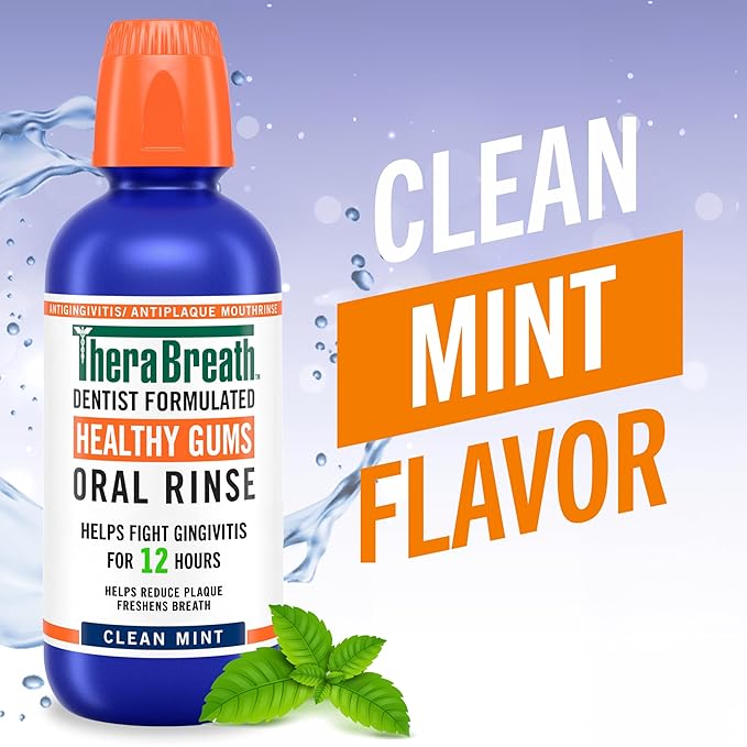 TheraBreath Healthy Gums Oral Rinse, Antigingivitis, Clean Mint Flavor, Dentist Formulated to Help Prevent Gingivitis and Support Gum Health, Alcohol Free, 16 Fl Oz (Pack of 2)