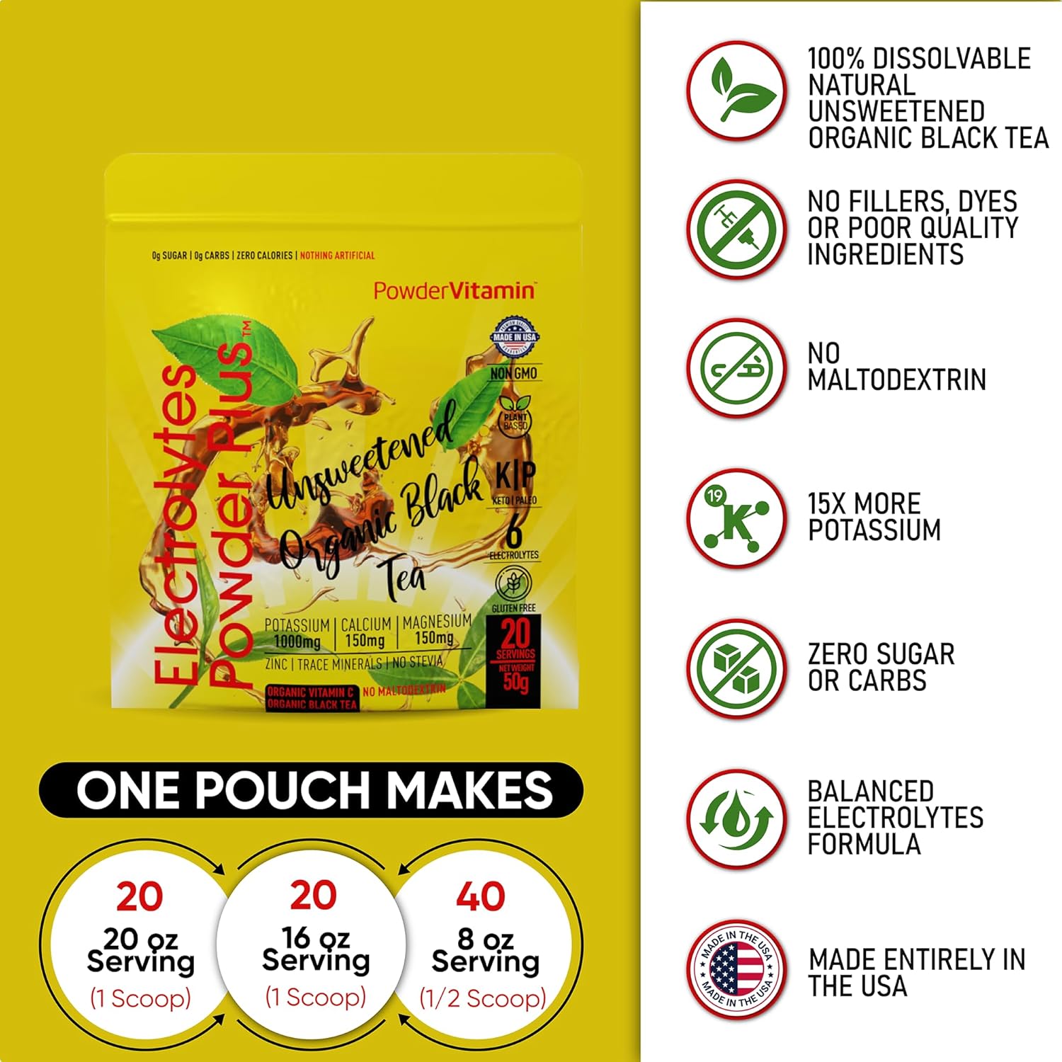 PowderVitamin Electrolytes Powder Plus (20 Servings) Unsweetened Black Tea Electrolyte Powder Keto,SugarFree, Pink Himalayan Salt,1000mgPotassium,150mgCalcium,150mgMagnesium,Hydration Powder NO STEVIA