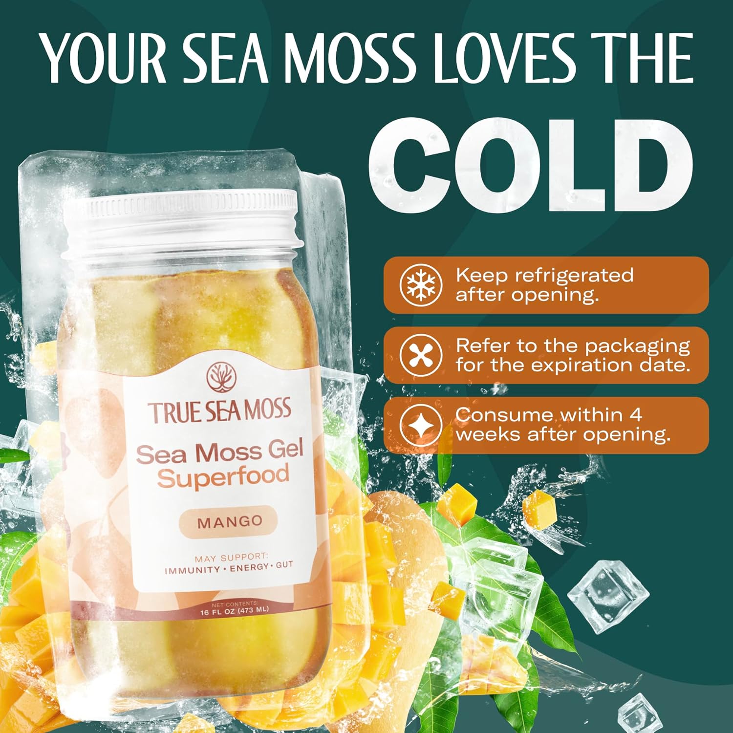 TrueSeaMoss Sea Moss Gel – Made in USA – Wildcrafted Seamoss, Fresh Fruits & Sea Vegetables – Mango, Pack of 1 (Labels May Vary)