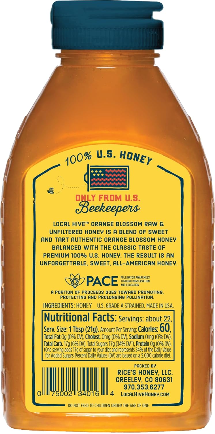 Local Hive Orange Blossom Raw & Unfiltered – 16 oz | 100% Pure U.S. Honey | Natural Sweetener Sourced from American Bees & Beekeepers | Bright Citrus Floral Flavor | Ideal for Tea, Baking & Cooking