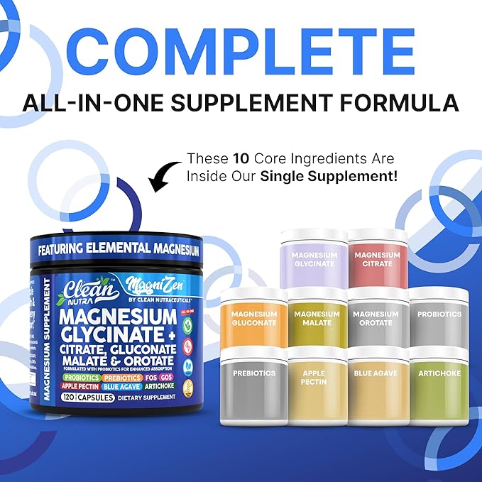Clean Nutra Magnesium Glycinate Citrate Malate Orotate Taurate Supplement Complex + 10 Strain Probiotic Prebiotics FOS GOS Inulin Sleep Calm Support Apple Pectin – 120 Vegan Capsules