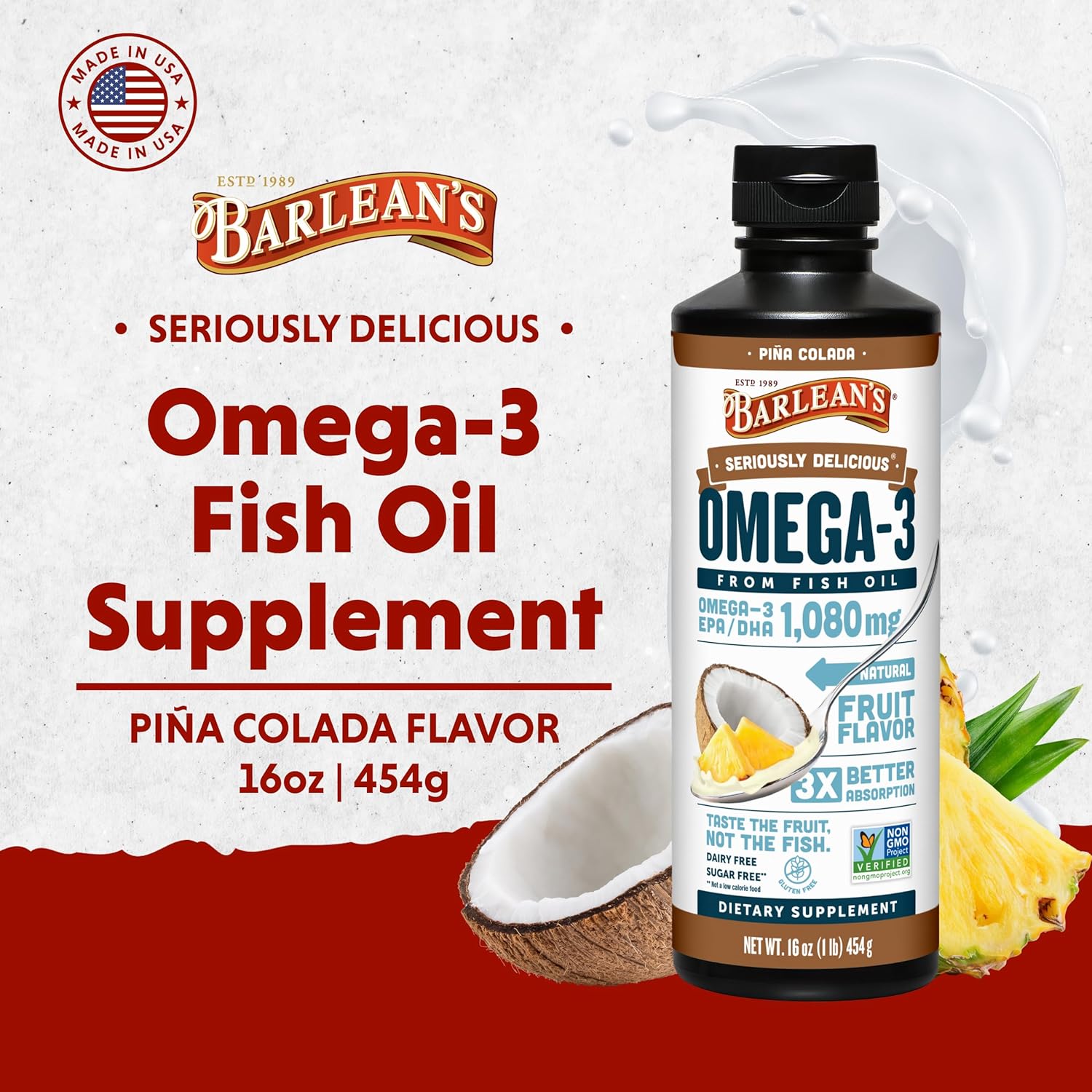 Barlean's Omega 3 Fish Oil Liquid Supplement with Vitamin D for Men and Women, Pina Colada, 1080mg EPA and DHA Fatty Acid, 16 oz
