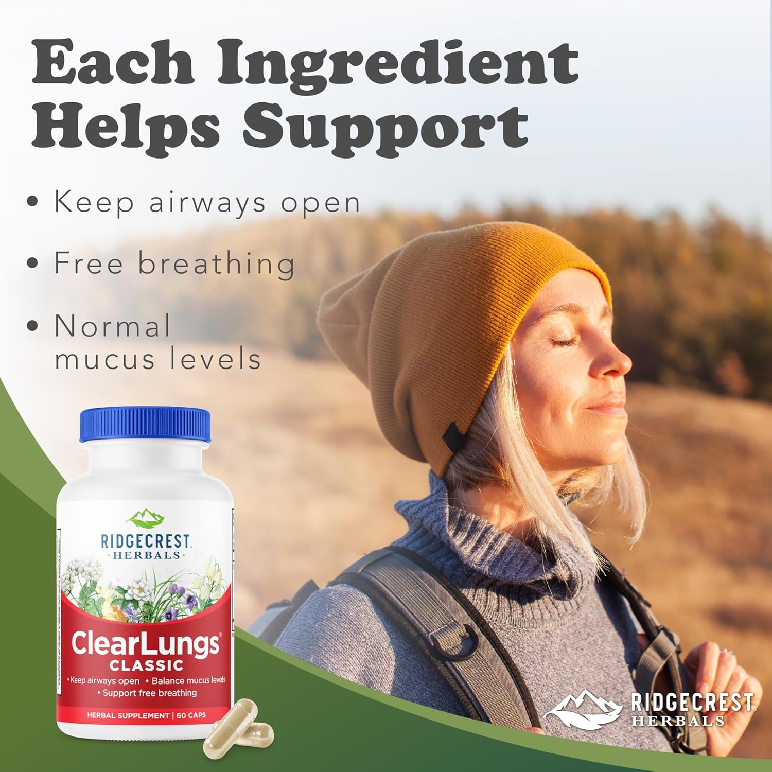 RidgeCrest Herbals ClearLungs Classic, Natural Lung and Nasal Daily Health Supplement for Bronchial, Respiratory, Immune, Sinus, and Mucus Wellness Support, Herbal Formula (60 Caps, 30 Serv)