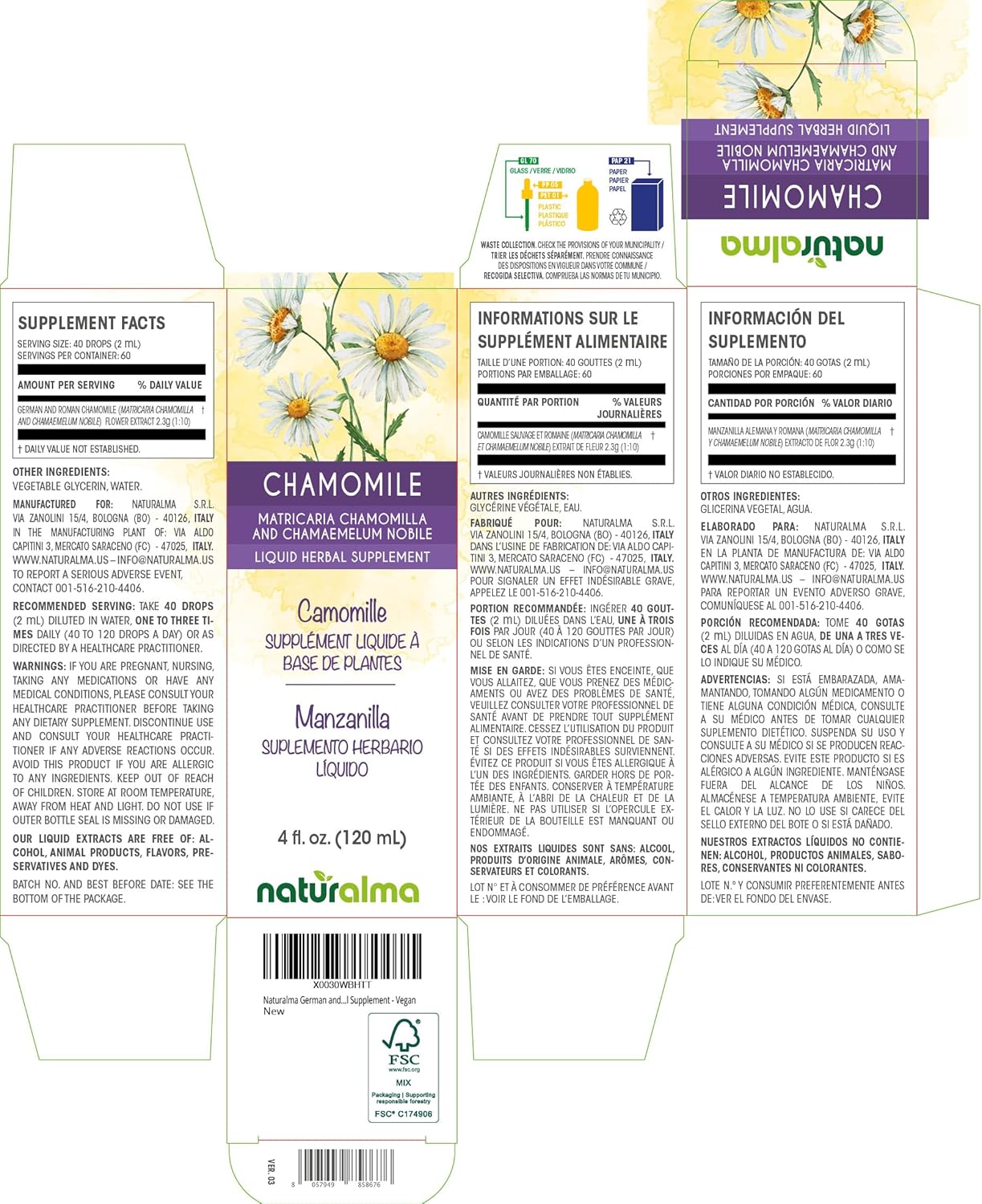 Naturalma German and Roman Chamomile (Matricaria chamomilla and Chamaemelum nobile) Flower Alcohol-Free Tincture - 4 fl oz Liquid Extract in Drops - Herbal Supplement - Vegan
