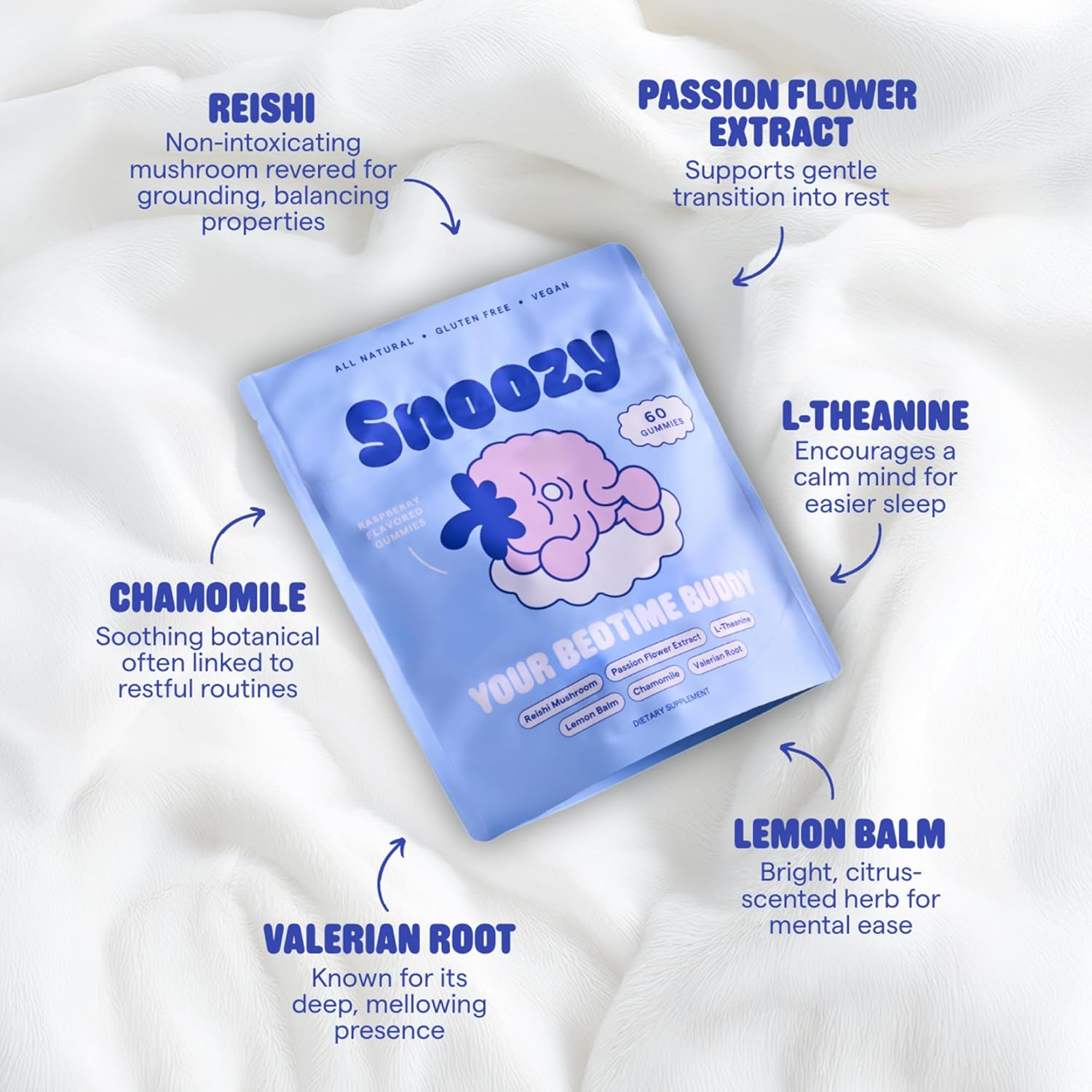Snoozy Bedtime Buddy, Reishi Mushroom Sleep Gummies | Chamomile, Valerian Root, Lemon Balm Extract | Natural Sleep Aid, Melatonin Free | Raspberry Flavored, 60 Gummies, 1 Pack