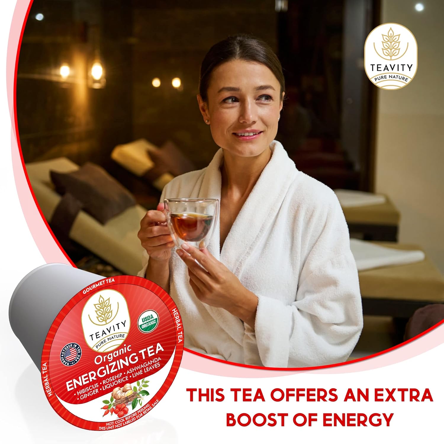 Organic Ashwagandha Tea Pods for Keurig with Ginger, Licorice, Organic Hibiscus Sabdariffa, Rosehip, & Lime - Decaf Herbal Tea - Energizing Tea by Teavity (24 Tea Pods)