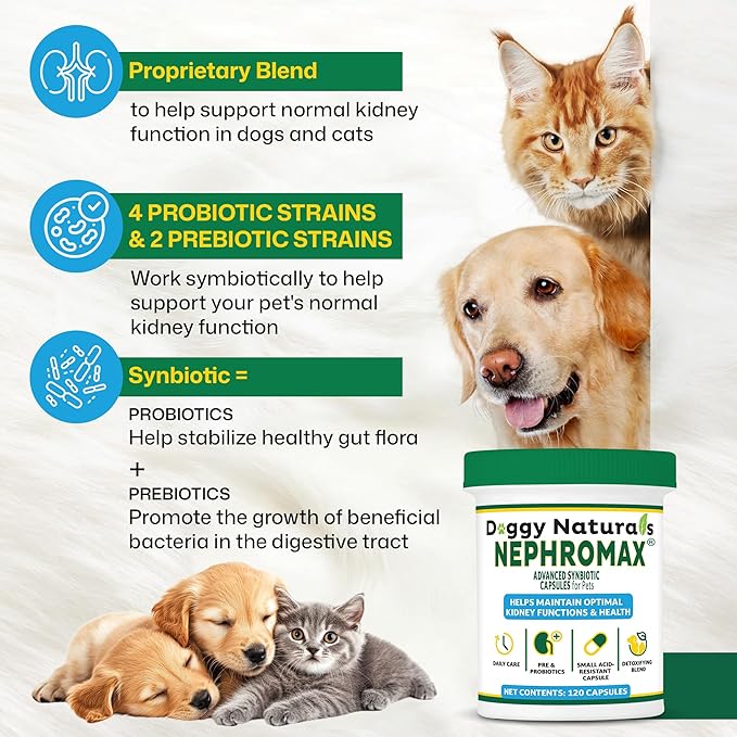 NEPHROMAX™ Synbiotic Capsules for Kidney Support for Dogs & Cats (120 Small Capsules) - Advanced Next-Generation Enteric detoxifying Blend of Pre & Probiotics Kidney Support U.S.A (120 Caps)