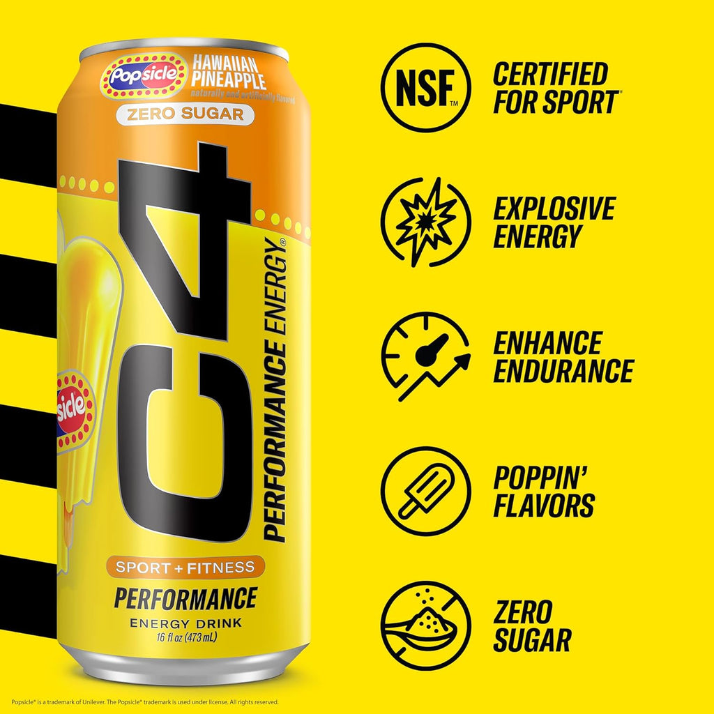 Cellucor C4 Energy Drink x Hawaiian Pineapple Popsicle, Carbonated Sugar Free Pre Workout Performance Drink with no Artificial Colors or Dyes, 16 Oz, Pack of 24