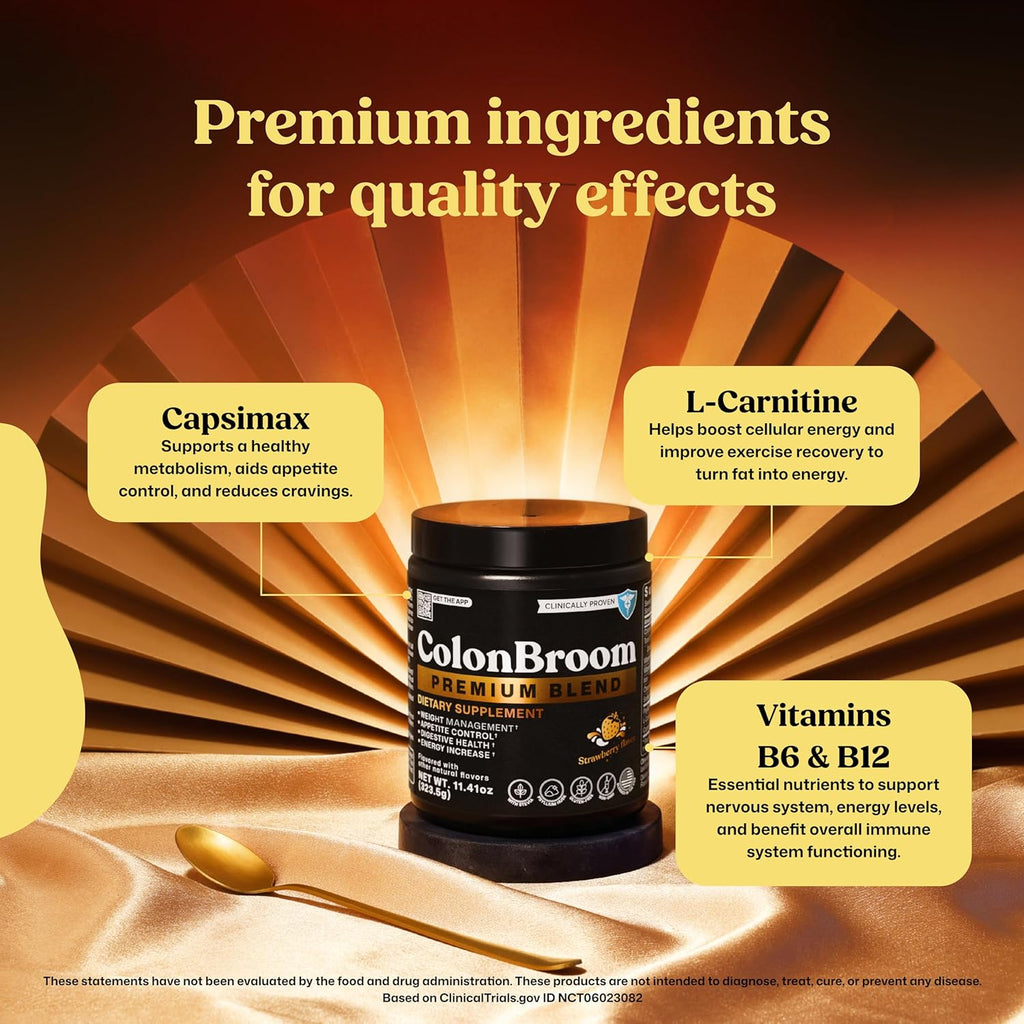 ColonBroom Premium Weight Management Supplement (Strawberry) - Colon Broom Psyllium Husk Fiber Powder Drink - Gluten Free, Non-GMO Colon Cleanse for Bloating Relief & Gut Health, 200 Servings