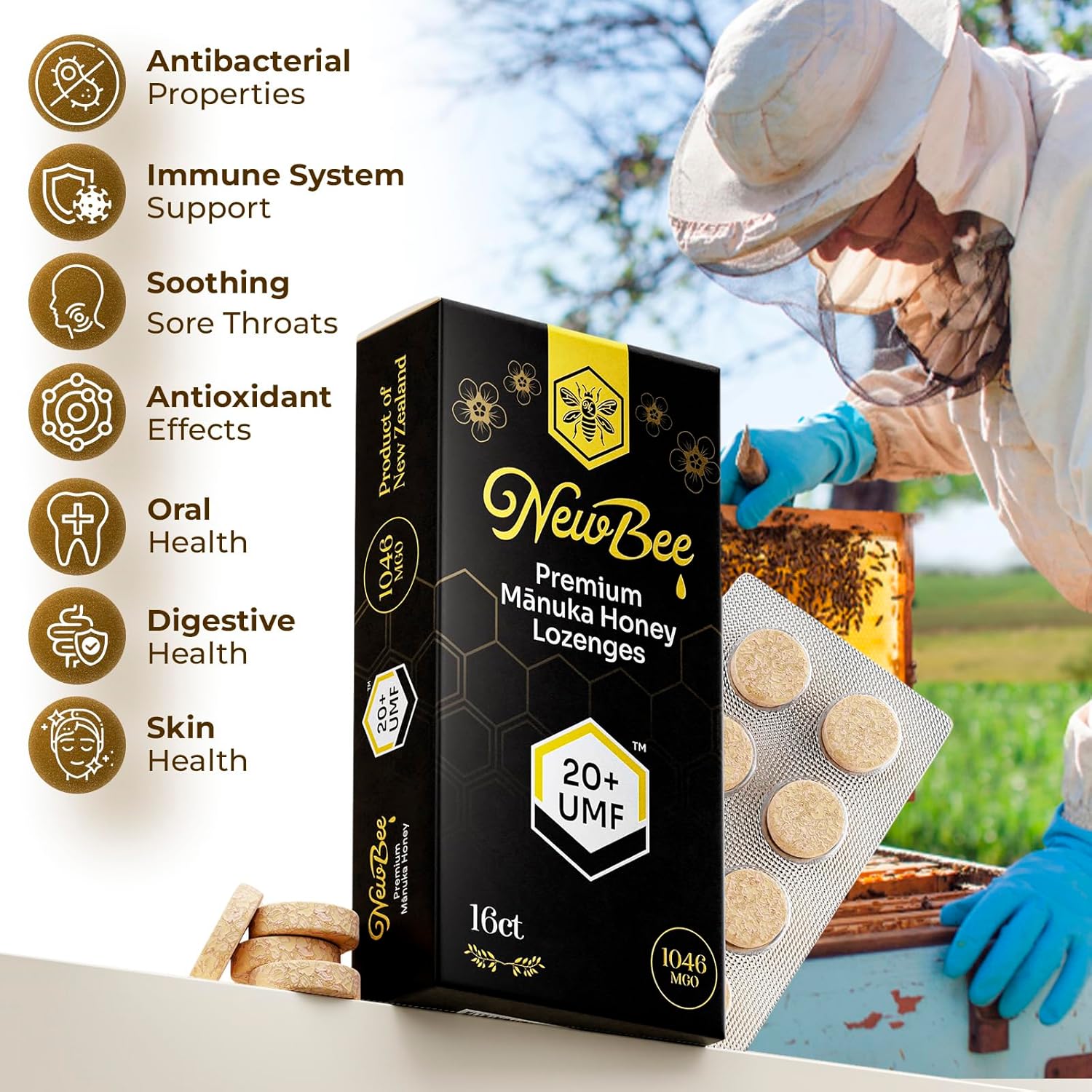 Manuka Honey Lozenges, 16 Count Made W/UMF 20+, MGO 1046 New Zealand Manuka Honey, UMF Certified, Monofloral, Traceable from Hive to Hand