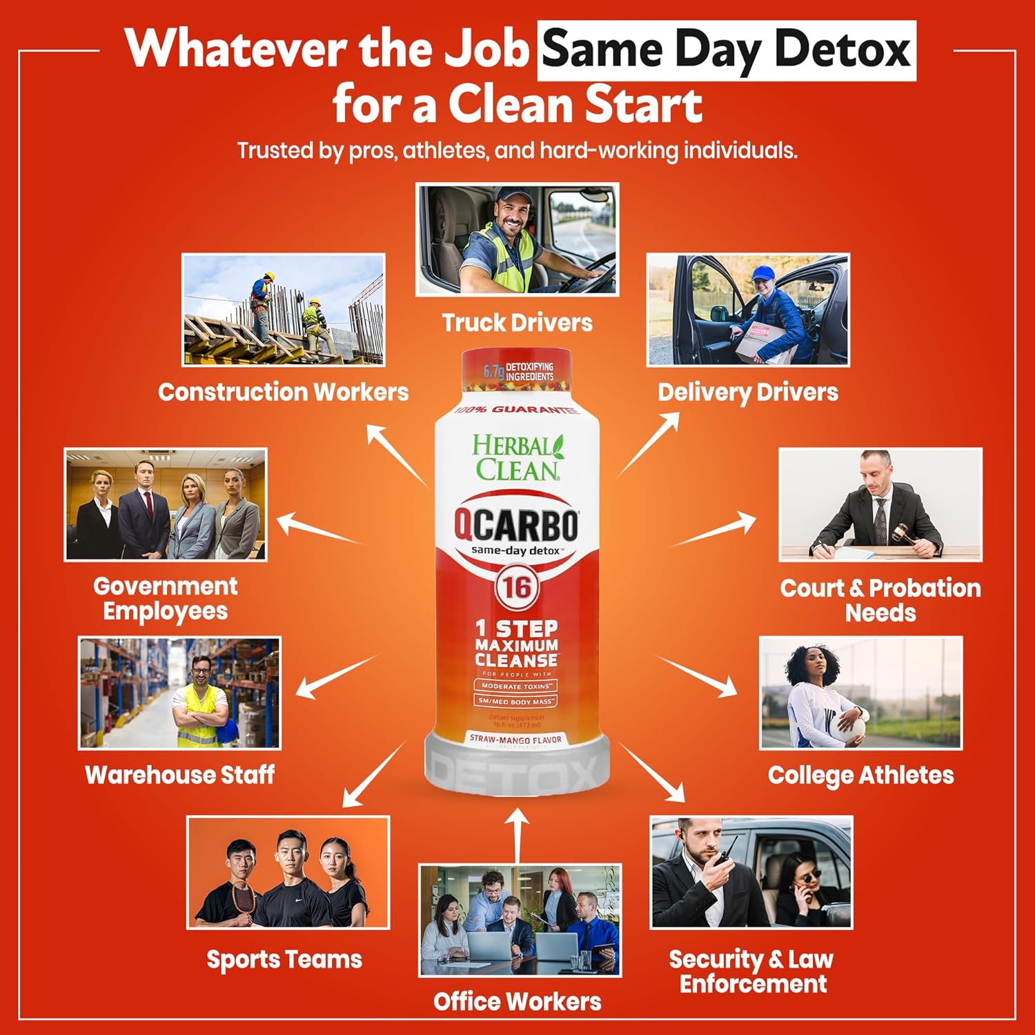Herbal Clean Qcarbo16 Same-Day Detox Cleanse Drink (16 fl oz) - Strawberry Mango Flavor Full Body Cleanse* Detox Drink for Moderate Toxin Level*, Vitamin B2 and Vitamin B12 for Men & Women