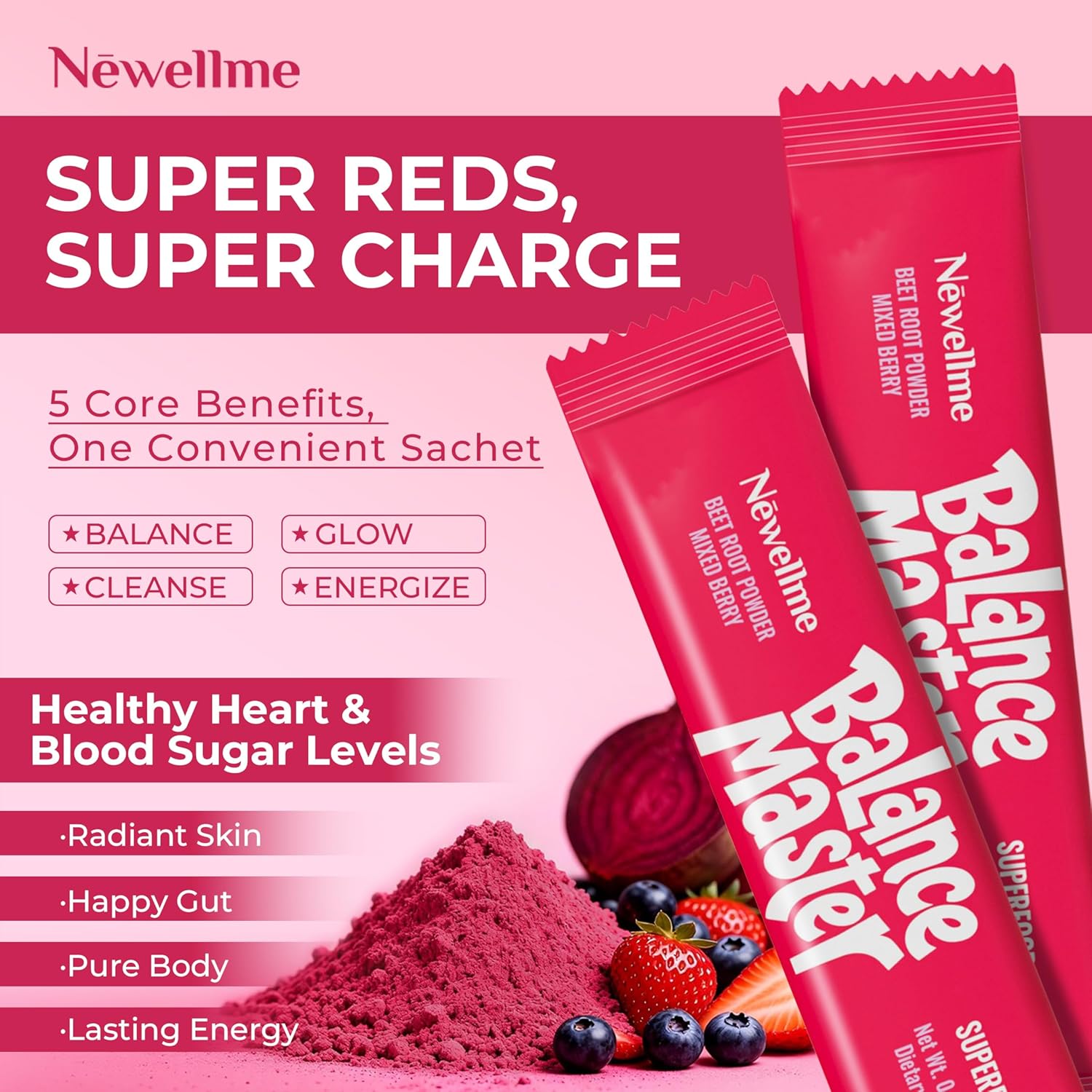 NEWELLME Balance Master Super Reds Beet Root Powder for Smoothies, Baking & Juices – Red Fruits & Greens Blend for Natural Energy & Vegan Red Food Coloring – Mixed Berry Flavor, 14 Pack