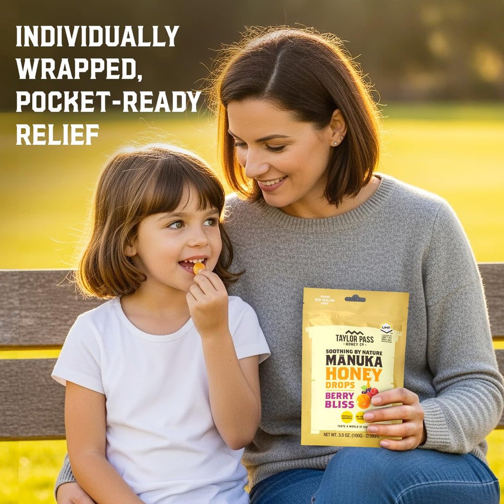 Taylor Pass Honey Co Mānuka Honey Drops UMF™ 10+ | Berry Bliss | Mānuka Honey Lozenges | Soothing Natural Manuka On-the-Go | 22 Individually Wrapped Drops | Made in New Zealand