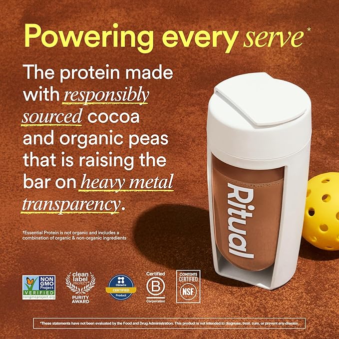 Ritual Pea Protein Powder with BCAA: 20g Organic Vegan Plant-Based Protein from Regenerative Farms in North America, Complete Amino Acid Profile, Gluten Free, Sugar Free‡, Dairy Free, Chocolate, 1 Lbs