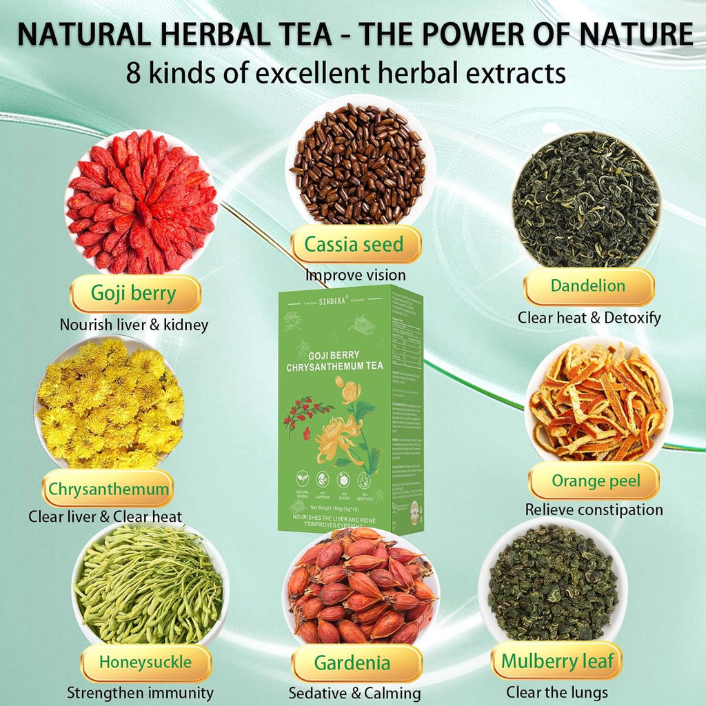 Goji Berry Chrysanthemum Tea for Liver Health, Dandelion Wolfberry Tea Bags, 8 Excellent Raw Material Formulas, Liver Cleanse & Detox Herbal Tea Bags, Vegan, Sugar-Free & Caffeine-Free (1BOX (15Bag))