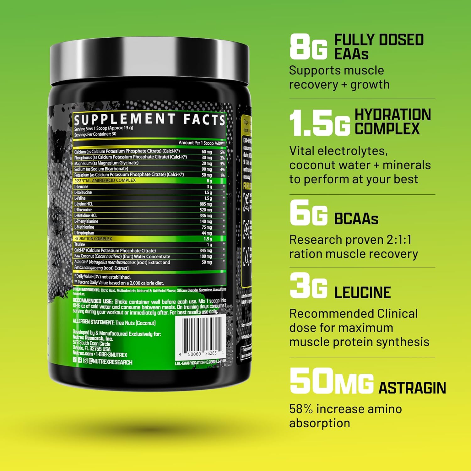 Nutrex Research EAA Hydration | EAAs + BCAA Powder | Muscle Recovery, Strength, Muscle Building, Endurance | 8G Essential Amino Acids + Electrolytes | (Packaging My Vary) 30 Servings (Lemon Lime)