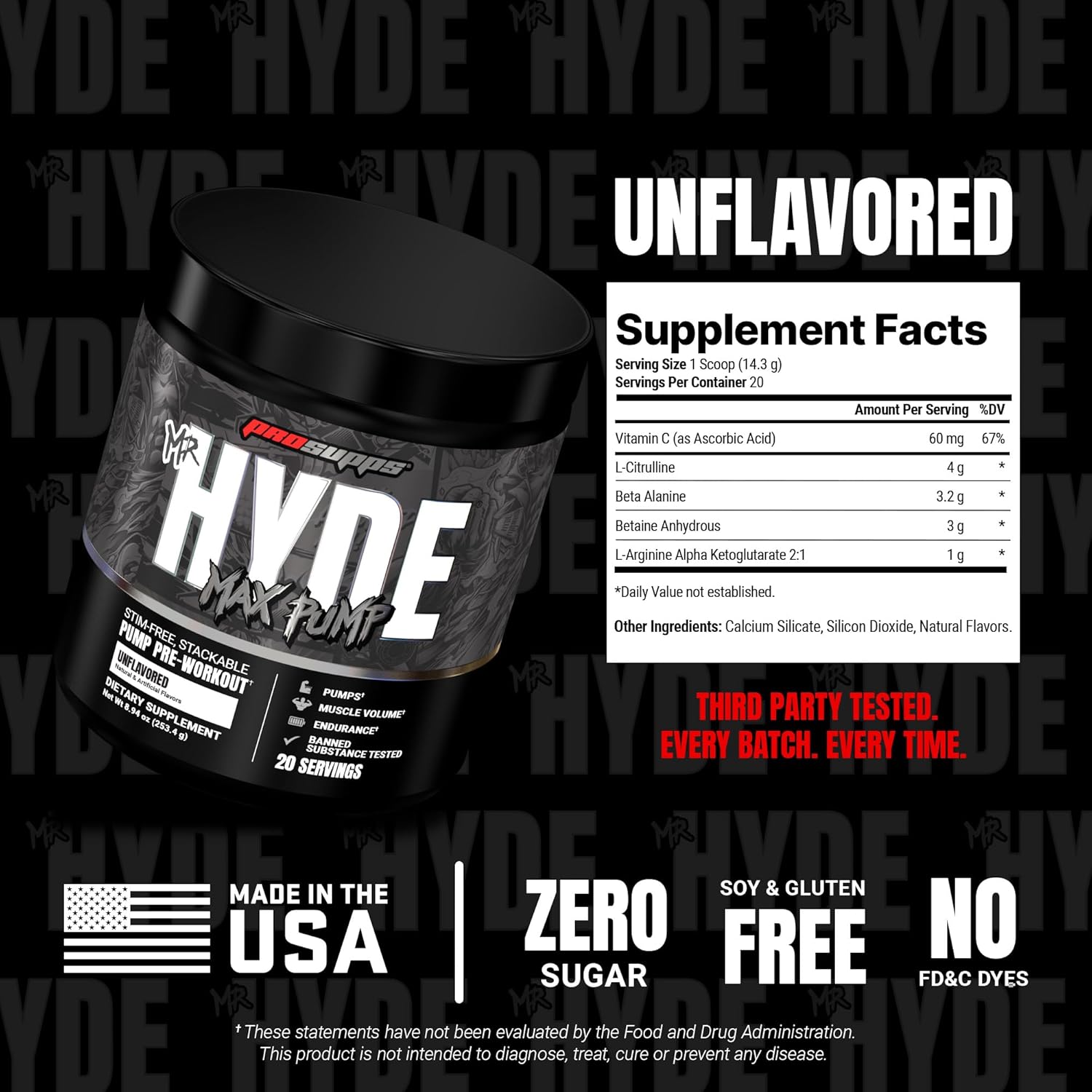 PROSUPPS Mr. Hyde Max Pump Pre Workout Powder - Stim-Free Preworkout Supports Blood Flow, Muscle Volume & Endurance - Caffeine-Free Nitric Oxide Gym & Fitness Supplements (Unflavored, 20 Servings)