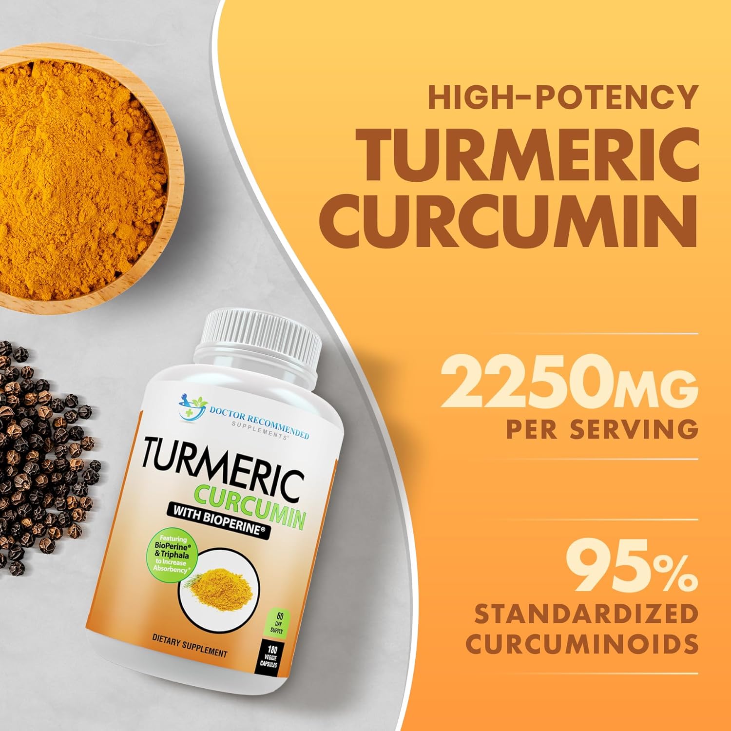 Turmeric Curcumin Supplement - 2250mg/d - Veggie Caps - 95% Curcuminoids with Black Pepper Extract (Bioperine) - 750mg Capsules - 100% Organic - Most Powerful Turmeric (Pack of 2)