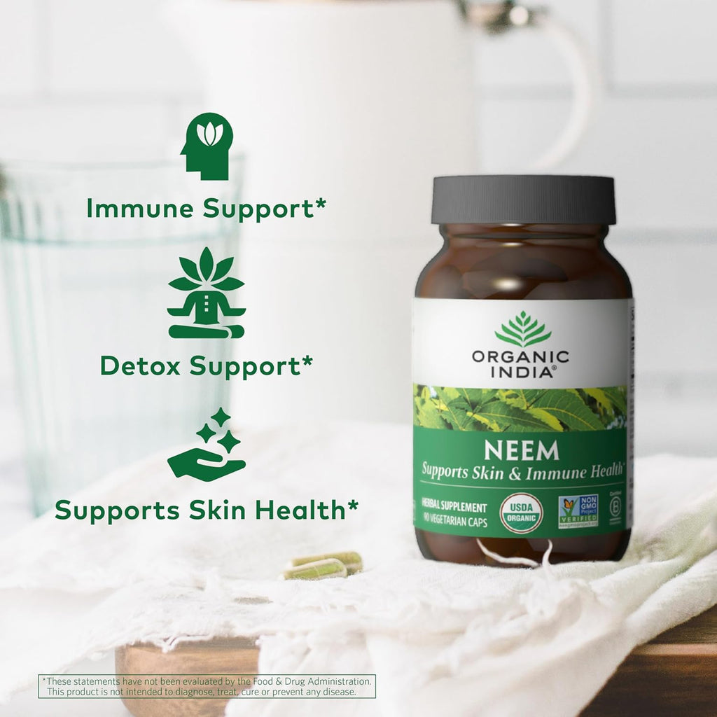 ORGANIC INDIA Neem Leaf Capsules - Herbal Supplement, Supports Skin & Immune Health, Vegan, Gluten Free, USDA Certified Organic - 90 Count