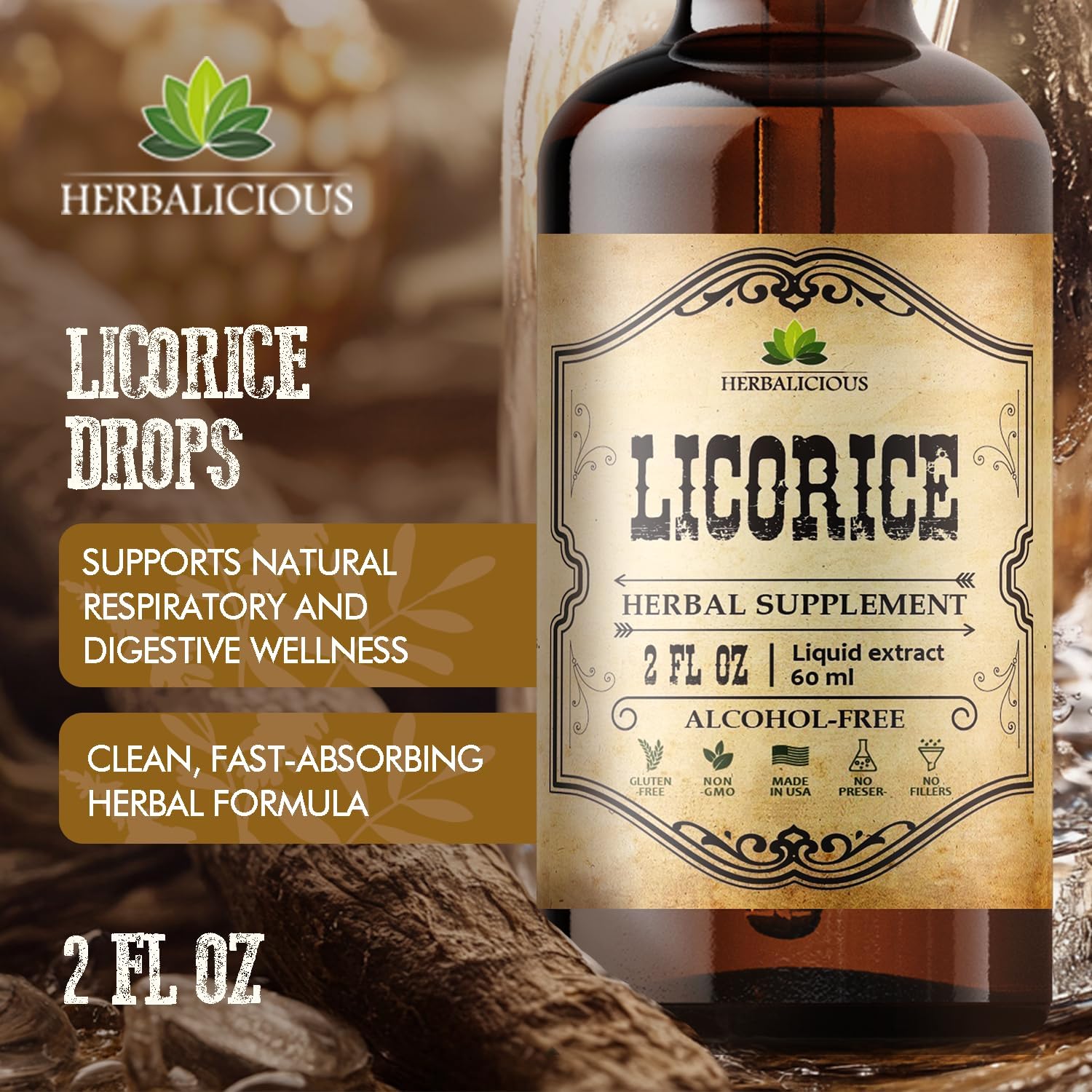 Licorice Root Extract – Organic Licorice Root Liquid Supplement – Pure Glycyrrhiza Glabra for Digestive, Respiratory, Adrenal & Immune Support – 2 Fl Oz – Vegan, Non-GMO, Gluten-Free