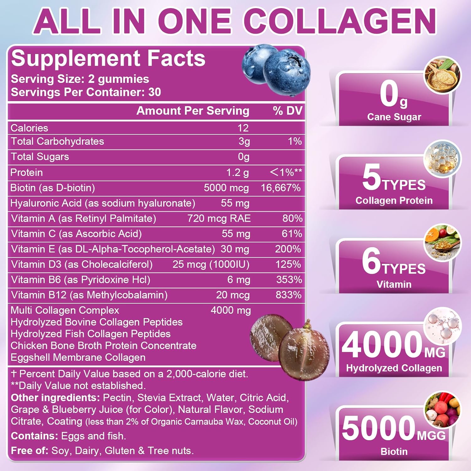 Nature's live Multi Collagen Peptides Gummies, Type I, II, III, V, X - Hydrolyzed Collagen Peptides Gummies, Supports Healthy Skin, Strong Nails & Thick Hair, Grape Blueberry Flavor, 60 Count, 2 Pack