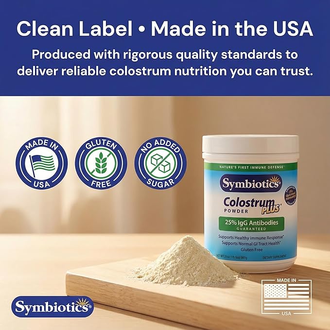 Symbiotics Colostrum Plus Powder, 6.3 oz (180 g) - 25% IgG Immunoglobulins, Naturally Occurring Lactoferrin, Supports Immune Function & Digestive Balance, Gluten Free