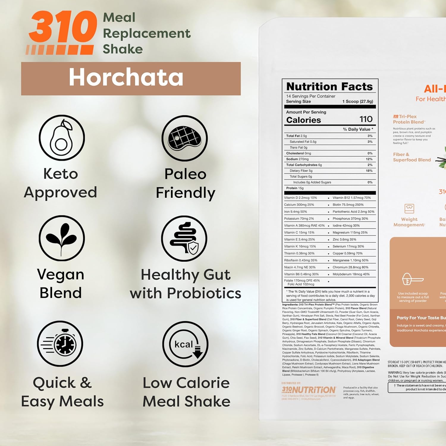 310 Nutrition All-In-One Meal Replacement Shake - Plant-Based Protein Powder with High Fiber, Probiotics, Digestive Enzymes & Adaptogens - Low Carb Vegan Keto Friendly Superfoods Smoothie - Horchata Flavor - 28 Servings