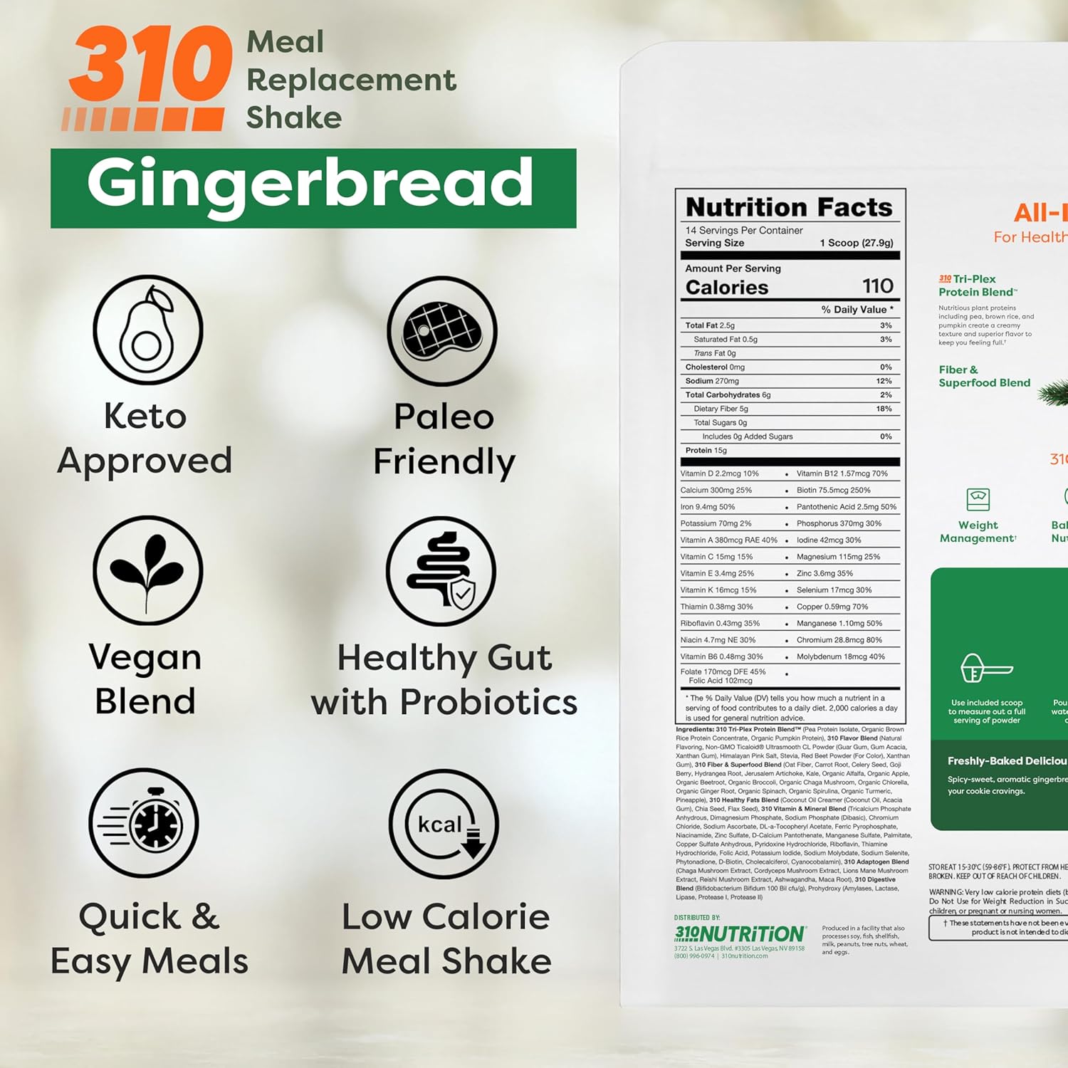310 Nutrition All-In-One Meal Replacement Shake - Plant-Based Protein Powder with High Fiber, Probiotics, Digestive Enzymes & Superfoods - Vegan, Low Carb, Keto & Paleo Friendly - Gingerbread - 28 Servings