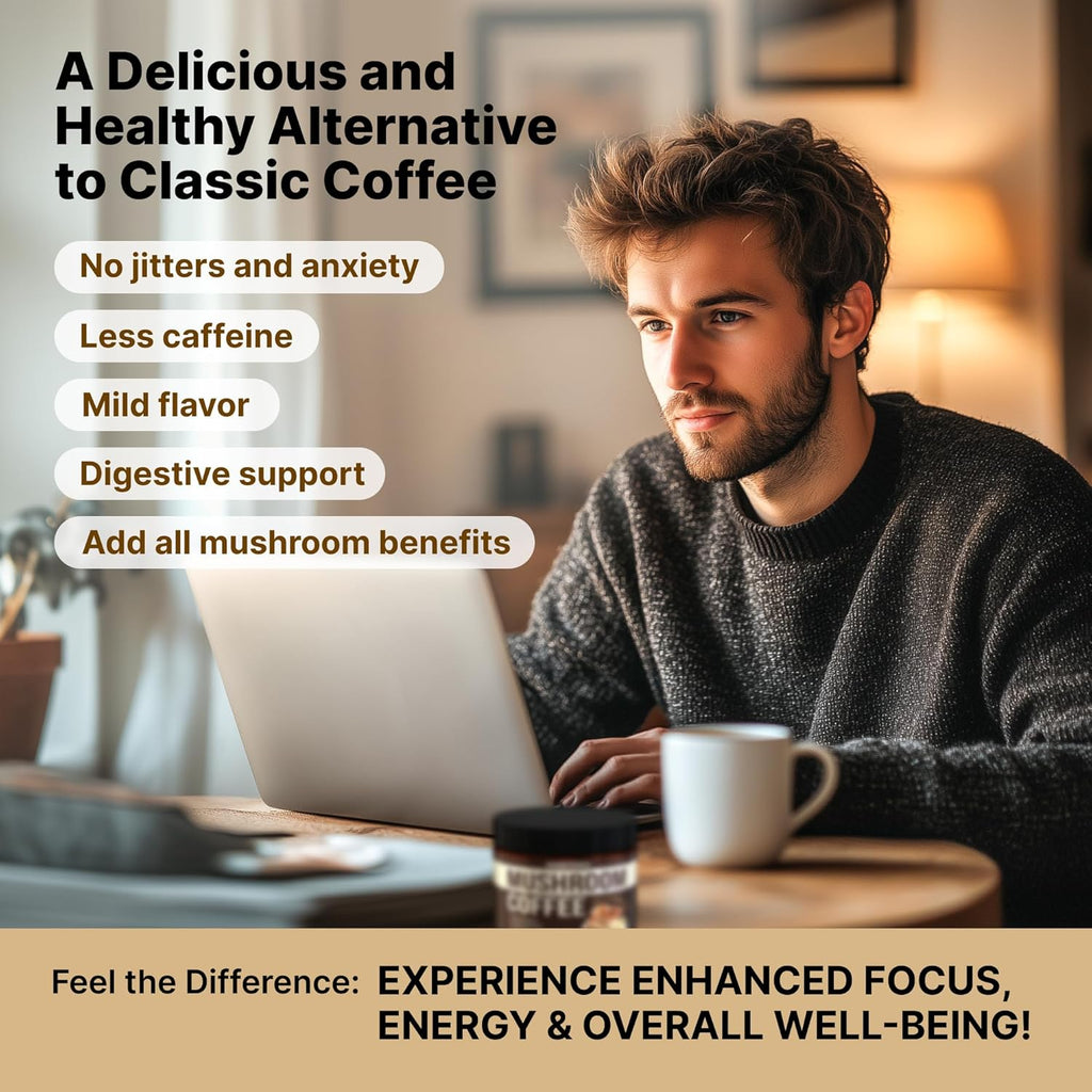 Mushroom Coffee Organic - 9 Mushroom Adaptogen Mix - Lion's Mane, Chaga, Turkey Tail, Reishi, Shiitake - Instant Mushrooms Coffee for Gut Health, Energy, Mental Clarity - 60 Servings